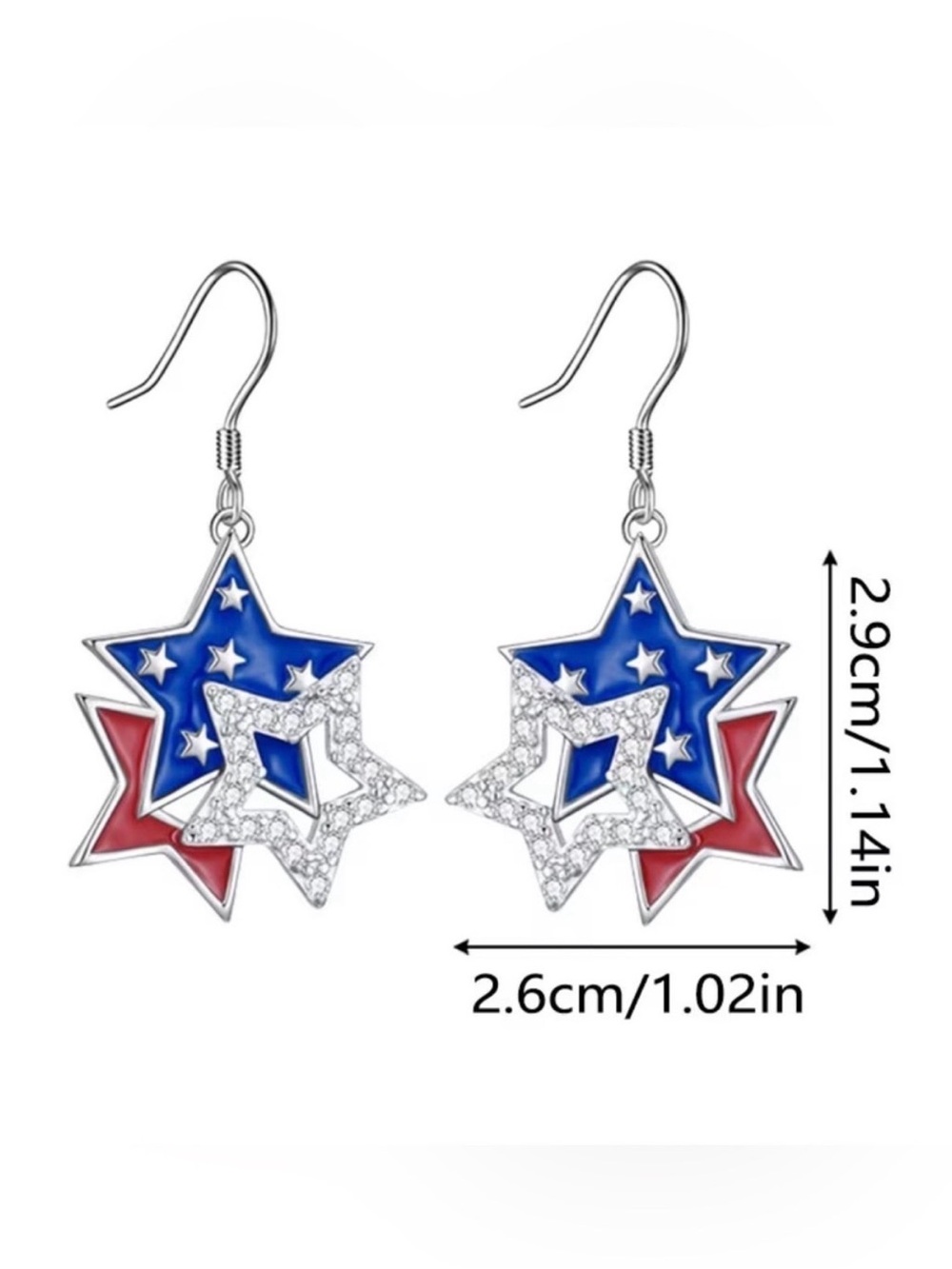 Patriotic Star Drop Earrings - Red, Silver & Blue - Picture 3 of 5